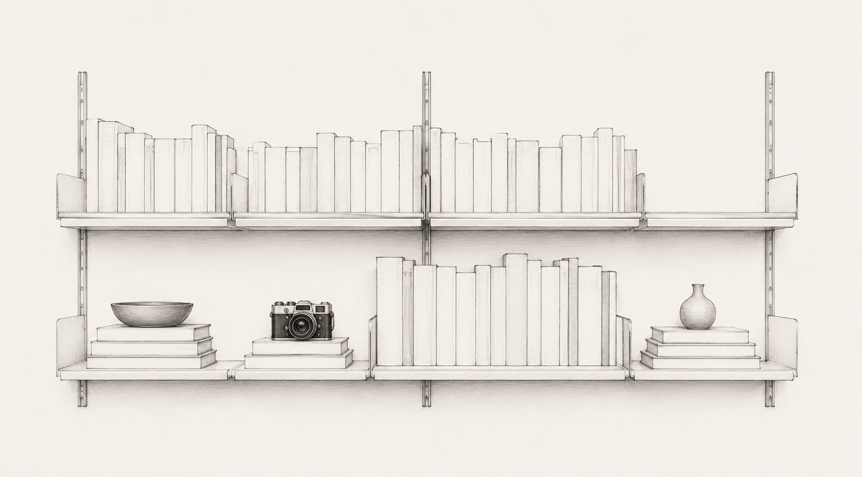 A monochrome pencil sketch of a modular wall-mounted shelving system with vertical rails, side flaps, front shelf lips, blank book spines, papers, a camera, a bowl, and a vase.